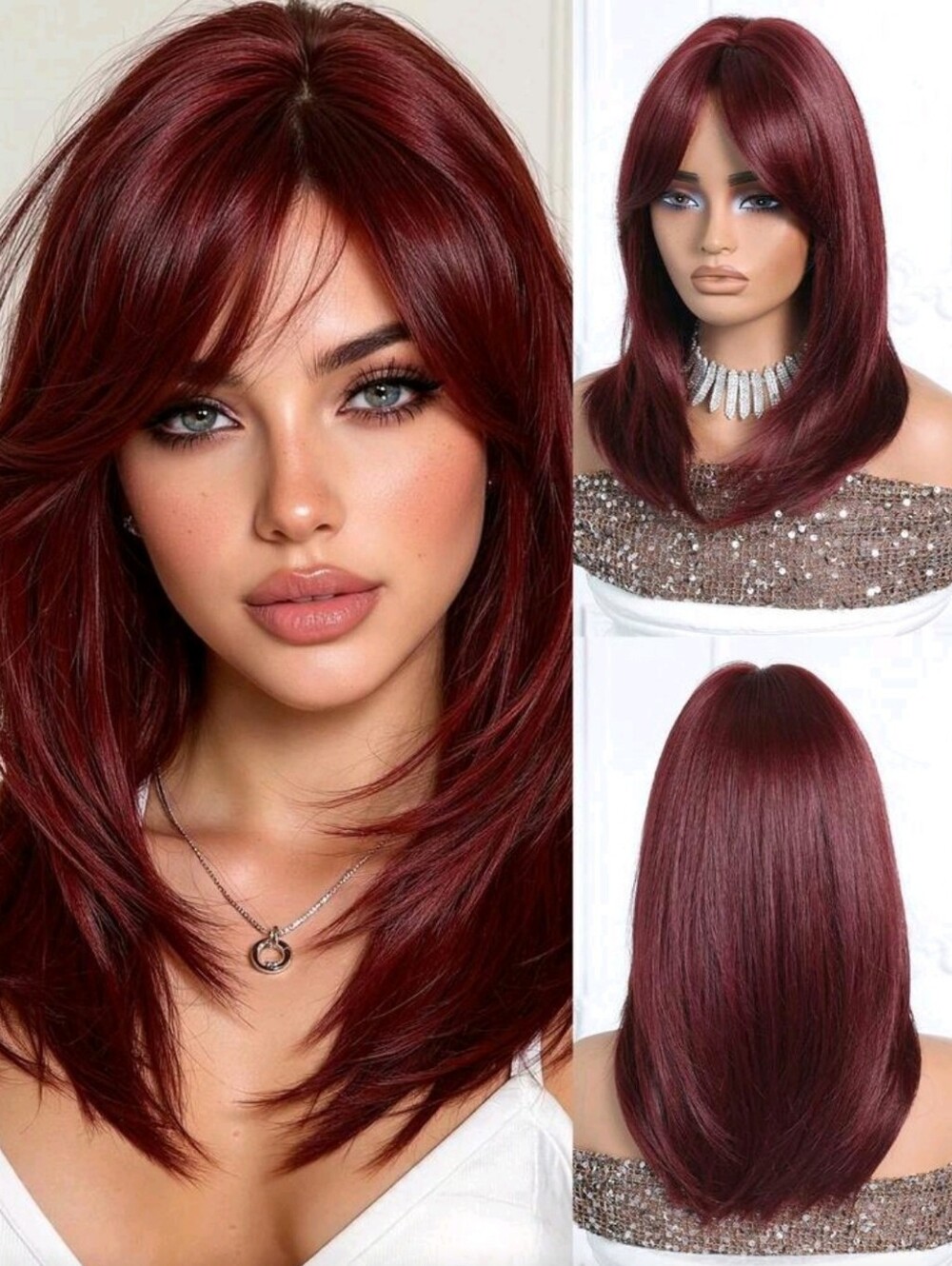 Chic Burgundy Layered Wig with Face-Framing Bangs Synthetic